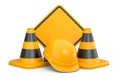 Güvenlik miğferleri, başlıklar ve trafik konileri beyaz arka planda yol çalışması için yol tabelası. Endüstriyel işçiler ve tamirciler için marangozluk araçları