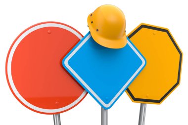 Güvenlik kaskı seti ya da trafik levhalarında beyaz arka planda izole edilmiş trafik levhası. Sokak trafik işaretinin 3d modelleme şablonu