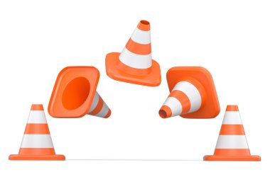 İnşaatın altındaki yol çalışmaları için beyaz arka planda bir takım trafik konileri. 3d bakım konsepti ya da dikkat uyarı konisi