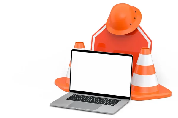 一套安全帽或硬礼帽 公路交通锥形标志 以及白色背景的笔记本电脑附近正在施工的公路工程的标志 3D使用木工工具对网站进行维护 — 图库照片