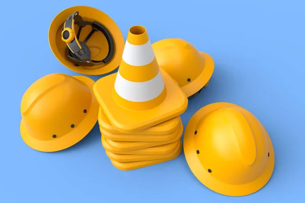 Stack of safety helmets or hard hats and traffic cones for under construction road work on blue background. 3d render carpentry tools for industrial worker and handyman