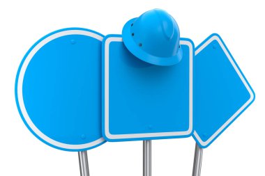 Güvenlik kaskı seti ya da trafik levhalarında beyaz arka planda izole edilmiş trafik levhası. Sokak trafik işaretinin 3d modelleme şablonu