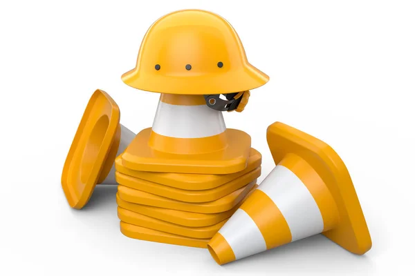 Stapeln Von Schutzhelmen Oder Harthüten Und Verkehrskegeln Für Straßenbauarbeiten Auf — Stockfoto
