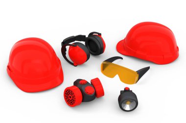 Kask gibi tamir ve montaj için bir set inşaat giysisi. Kulaklıklar ve solunum cihazı beyaz arka planda. Tesisatçı ya da tamirci için 3D tasvir ve hizmet afişi