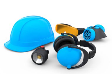 Kask gibi tamir ve montaj için bir set inşaat giysisi. Kulaklıklar ve solunum cihazı beyaz arka planda. Tesisatçı ya da tamirci için 3D tasvir ve hizmet afişi