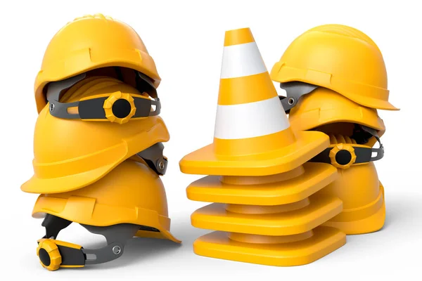 Montón Cascos Seguridad Sombreros Duros Conos Tráfico Para Trabajos Carretera — Foto de Stock