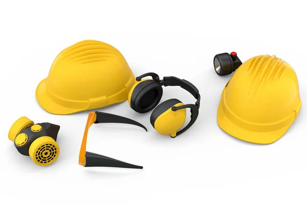 一套用于修理和安装的结构磨损和工具 如头盔 白色背景的耳机和呼吸器 房屋管道工或修理工服务横幅3D渲染及图解 — 图库照片