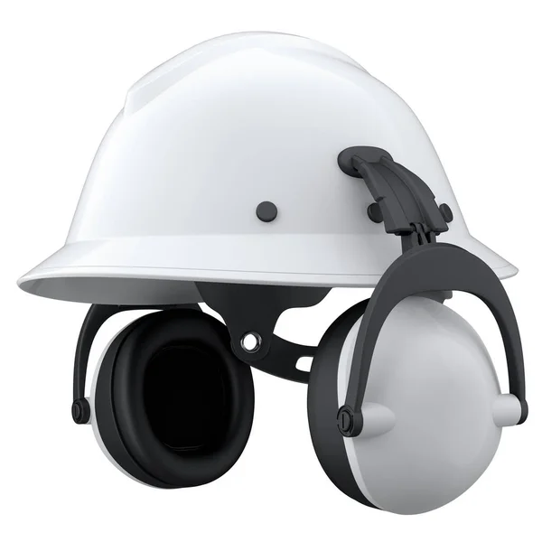 白色安全帽或硬帽子和耳机围巾隔离在白色背景 头盔和手工工具的3D渲染和说明 — 图库照片