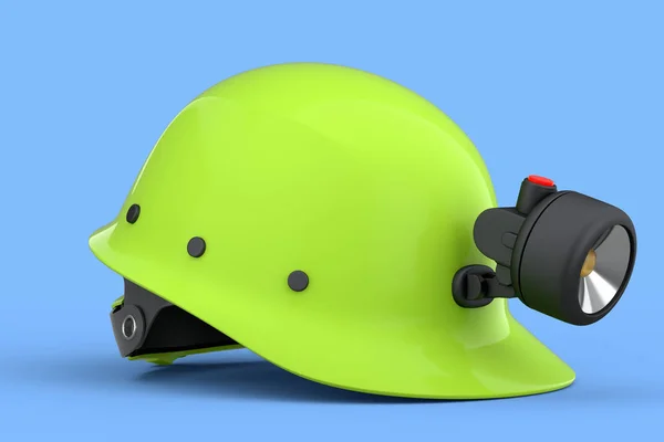 青の背景に隔離された懐中電灯と緑の安全ヘルメットやハードキャップ 3次元レンダリングとヘッドギアとハンディマンツールのイラスト — ストック写真