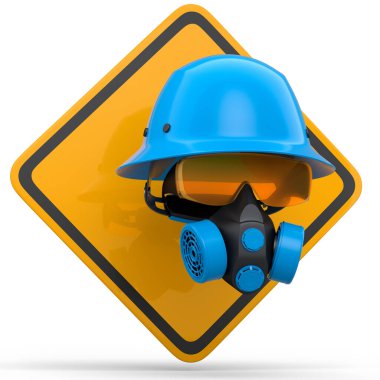 Mühendis miğferi gibi tamir ve montaj için bir takım giysi ve aletler. Kulaklıklar, solunum cihazı ve beyaz arka planda trafik işaretleri. 3D tesisatçı ya da tamirci servisi