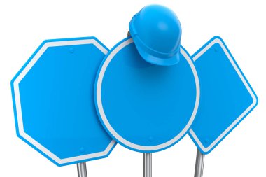 Güvenlik kaskı seti ya da trafik levhalarında beyaz arka planda izole edilmiş trafik levhası. Sokak trafik işaretinin 3d modelleme şablonu