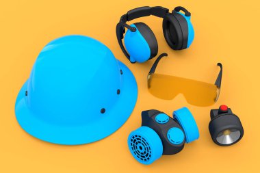 Kask gibi tamir ve montaj için bir set inşaat giysisi. Kulaklıklar ve solunum cihazı sarı arka planda. Tesisatçı için 3D tasvir ve hizmet afişi