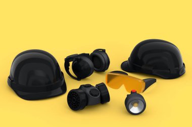 Kask gibi tamir ve montaj için bir set inşaat giysisi. Kulaklıklar ve solunum cihazı sarı arka planda. Tesisatçı için 3D tasvir ve hizmet afişi