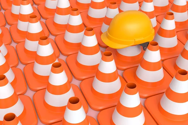 Group of traffic cones for under construction road work with hard hat or safety helmet on white background. 3d render concept of maintenance or attention warning cone