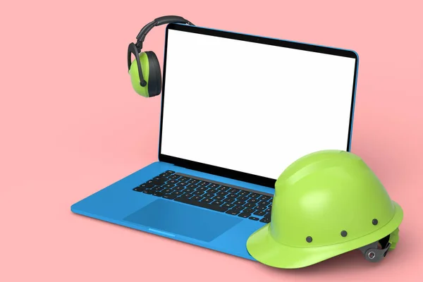Set of safety helmets or hard caps, headphones and laptop for carpentry work on pink background. 3d render and illustration of tool for carpentry work or labor headwear