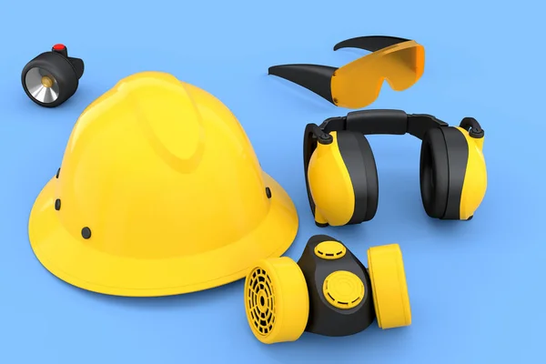 一套用于修理和安装的结构磨损和工具 如头盔 蓝色背景的耳机和呼吸器 房屋管道工或修理工服务横幅3D渲染及图解 — 图库照片