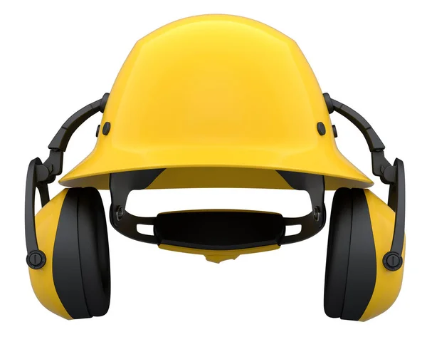 黄色安全帽或硬帽子和耳机围巾隔离在白色背景 头盔和手工工具的3D渲染和说明 — 图库照片