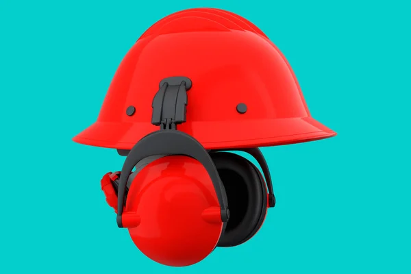 Red safety helmet or hard cap and earphones muffs isolated on white background. 3d render and illustration of headgear and handyman tools