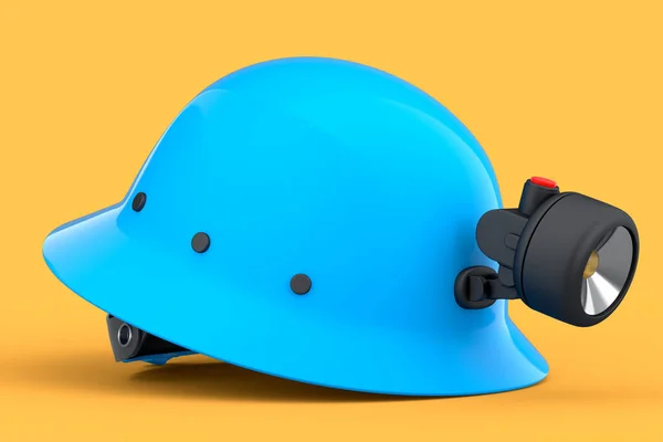黄色の背景に隔離された懐中電灯と青の安全ヘルメットやハードキャップ 3次元レンダリングとヘッドギアとハンディマンツールのイラスト — ストック写真