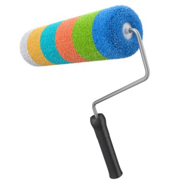 Duvarları boyamak ve beyaz arka plandaki daireyi yenilemek için boya silindiri. 3D render konsepti oda onarımı ve yenileme pankartı