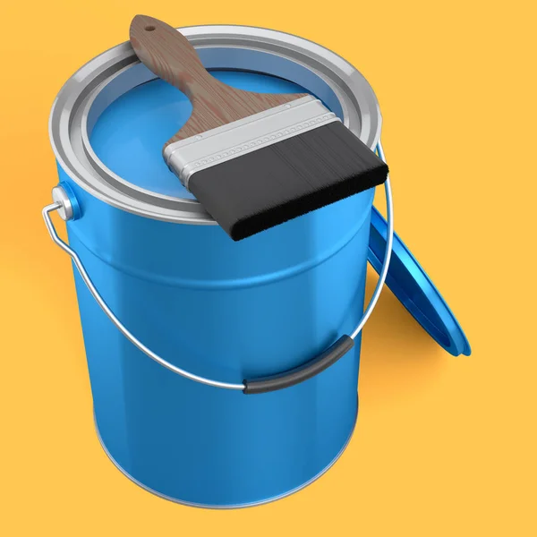 Open metal can or buckets with paint bristle brush on yellow background. 3d render of renovation concept and interior design