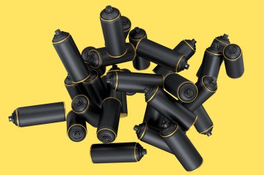 Sarı arka planda bir sürü uçan sprey boya kutusu var. 3 boyutlu sprey boya şişesi ve beyaz arka planda izole edilmiş sprey boya kutusu. 3D render sprey boya şişesi ve şeker kutusu.