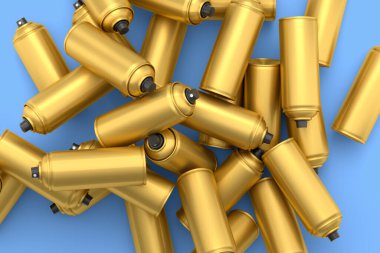 Mavi arka planda bir sürü uçan altın rengi sprey boya kutusu var. 3 boyutlu sprey boya şişesi ve beyaz arka planda izole edilmiş sprey boya kutusu. 3D render sprey boya şişesi ve şeker kutusu.