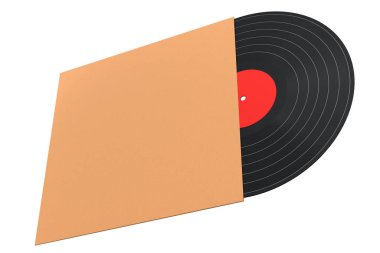 Black vinyl LP record with cover isolated on white background. 3d render of musical long play album disc 33 rpm