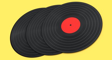Set of vinyl LP records with label isolated on yellow background. 3d render of musical long play album disc 33 rpm