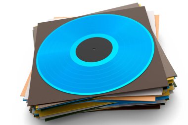 Black vinyl LP record with heap of covers isolated on white background. 3d render of musical long play album disc 33 rpm