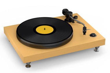 Vinyl record player or DJ turntable with retro vinyl disk on white background. 3d render of sound equipment and concept for sound entertainment.