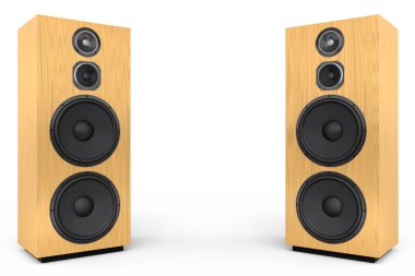 Hoparlörlü hoparlörler beyaz arka planda izole edildi. Ses kayıt stüdyosu için müzik kutusu gibi 3D ses ekipmanları oluştur