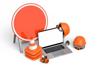 Güvenlik kaskı veya başlık seti, trafik konileri ve beyaz arka planda dizüstü bilgisayarın yanında yol çalışması için imza. Marangozluk araçları ile web sitesinin bakım altında 3d görüntülenmesi