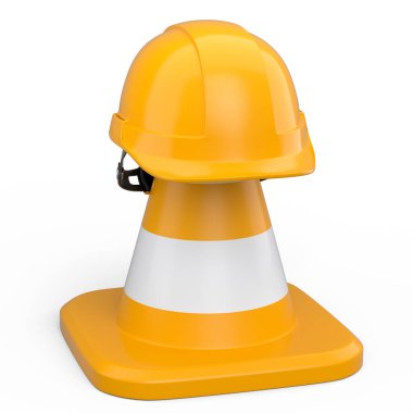 Beyaz arka planda yol çalışması için güvenlik kaskı veya trafik konileri yığını. Endüstriyel işçiler ve tamirciler için marangozluk araçları