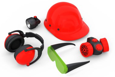 Kask gibi tamir ve montaj için bir set inşaat giysisi. Kulaklıklar ve solunum cihazı beyaz arka planda. Tesisatçı ya da tamirci için 3D tasvir ve hizmet afişi