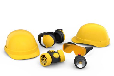 Kask gibi tamir ve montaj için bir set inşaat giysisi. Kulaklıklar ve solunum cihazı beyaz arka planda. Tesisatçı ya da tamirci için 3D tasvir ve hizmet afişi
