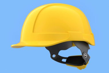 Sarı güvenlik kaskı ya da mavi arka planda izole edilmiş sert başlık. 3D görüntüleme ve başlık ve tamirci araçları illüstrasyonu