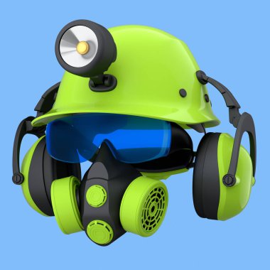 Kask gibi tamir ve montaj için bir set inşaat giysisi. Mavi arka planda kulaklık ve solunum cihazı var. Tesisatçı ya da tamirci için 3D tasvir ve hizmet afişi