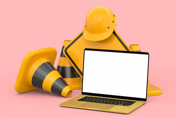 Set of safety helmet or hard hat, road traffic cones and sign for under construction road work near laptop on pink background. 3d render cancept of website under maintenance with carpentry tools