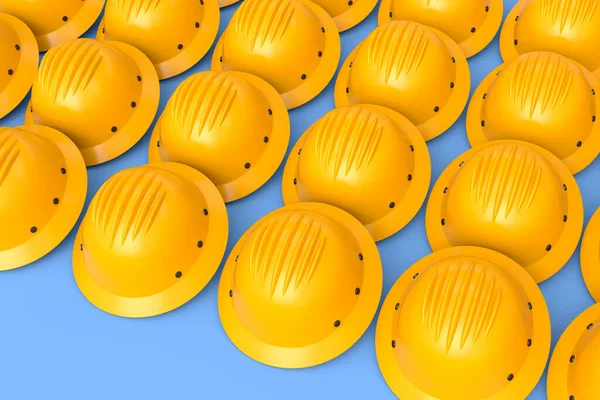 Set of safety helmets or hard caps for carpentry work in row on blue background. 3d render and illustration of tool for carpentry work or labor headwear