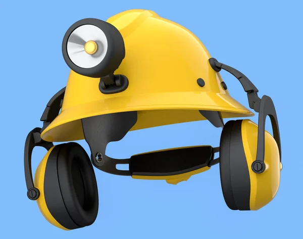 Yellow safety helmet or hard cap with flashlight and headphones on blue background. 3d render and illustration of headgear and handyman tools