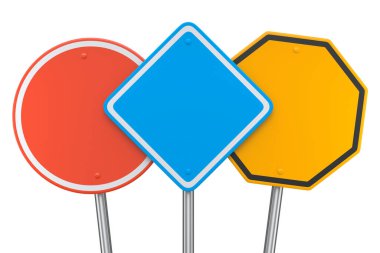 Beyaz arka planda izole edilmiş direkteki yol işaretleri. Sokak trafik işaretinin 3d modelleme şablonu