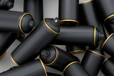 Beyaz arka planda bir sürü uçan sprey boya kutusu var. 3 boyutlu sprey boya şişesi ve beyaz arka planda izole edilmiş sprey boya kutusu. 3D render sprey boya şişesi ve şeker kutusu.