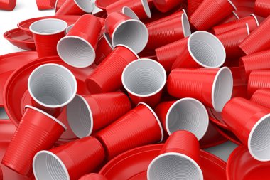 Heap of disposable utensils like plate, folk, spoon,knife and cup on white background. 3d render concept of save the earth and zero waste