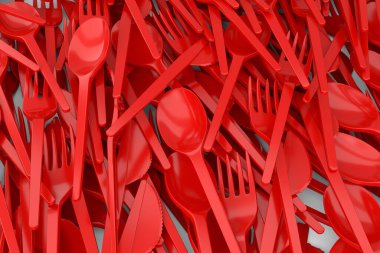 Heap of disposable utensils like spoon, fork and knife on white background. 3d render concept of save the earth and zero waste