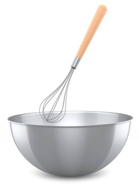 Beyaz arka planda izole edilmiş hamur hazırlamak için çırpılmış metal kase. Aşçılık, harmanlama ve karıştırma için 3D pişirme süreci adım adım ve aksesuarları