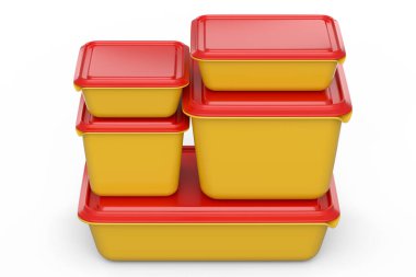 Tabakları saklamak için yiyecek konteynırları beyaz arka planda izole edilmiş ürün tepsisi kutuları. 3D market, dükkan ve fast food paketi kavramı