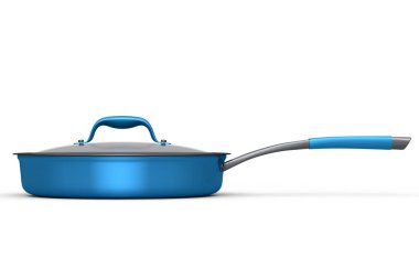 Beyaz arka planda cam kapaklı kızartma tavası. Yapışmayan mutfak gereçlerinin 3D görüntüsü