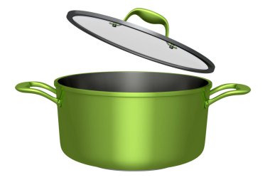 Paslanmaz çelik güveç ve beyaz arka planda krom kaplama alüminyum tencere. Yapışmayan mutfak gereçlerinin 3D görüntüsü