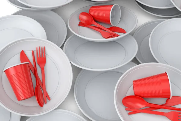 Heap of disposable utensils like plate, folk, spoon,knife and cup on white background. 3d render concept of save the earth and zero waste
